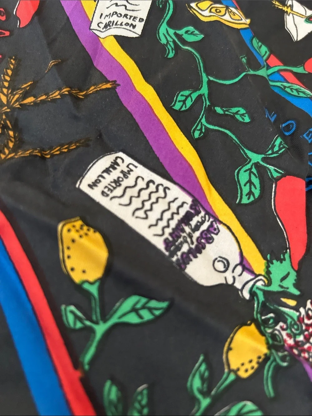 Nicole Miller vintage 1991 Black Silk Scarf with Multicolor Absolut Vodka design